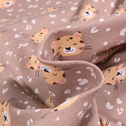 Tissu Jersey Coton Panthère mimi sur fond Taupe