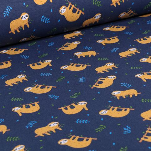 Tissu Jersey Coton Sloth sur fond Bleu marine