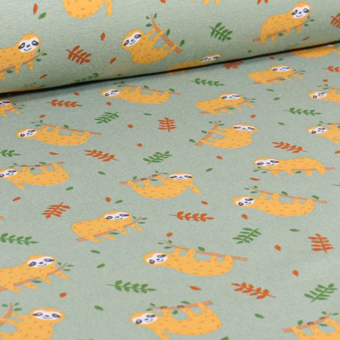 Tissu Jersey Coton Sloth sur fond Vert amande