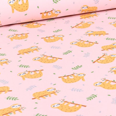 Tissu Jersey Coton Sloth sur fond Rose pâle