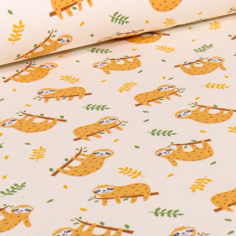 Tissu Jersey Coton Sloth sur fond Beige
