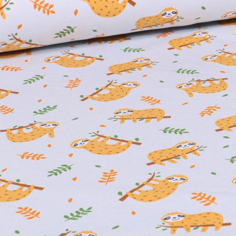 Tissu Jersey Coton Sloth sur fond Gris clair