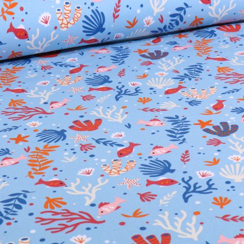 Tissu Jersey Coton Sealife sur fond Bleu ciel