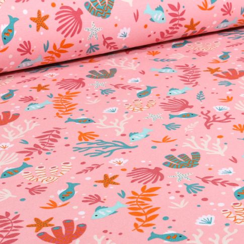 Tissu Jersey Coton Sealife sur fond Rose
