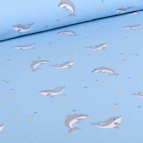 Tissu Jersey Coton Dauphins sur fond Bleu ciel