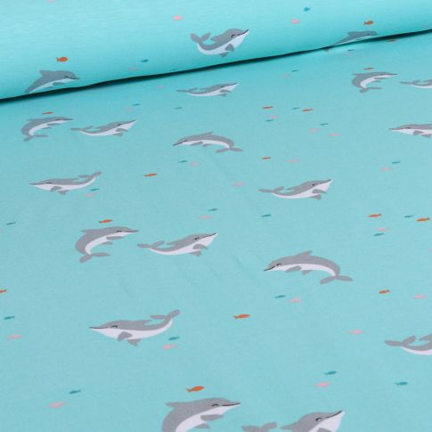 Tissu Jersey Coton Dauphins sur fond Bleu lagon