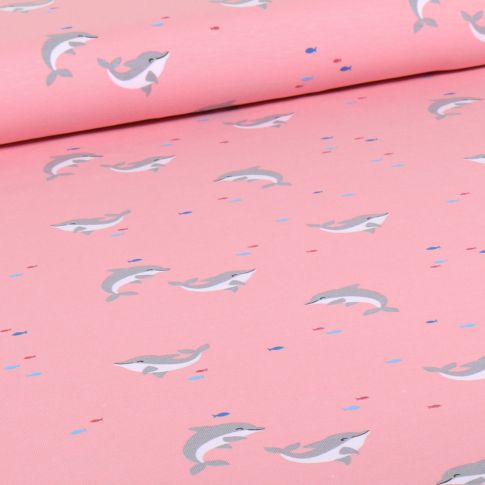 Tissu Jersey Coton Dauphins sur fond Rose pâle