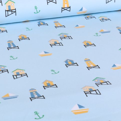 Tissu Jersey Coton Lighthouse sur fond Bleu ciel