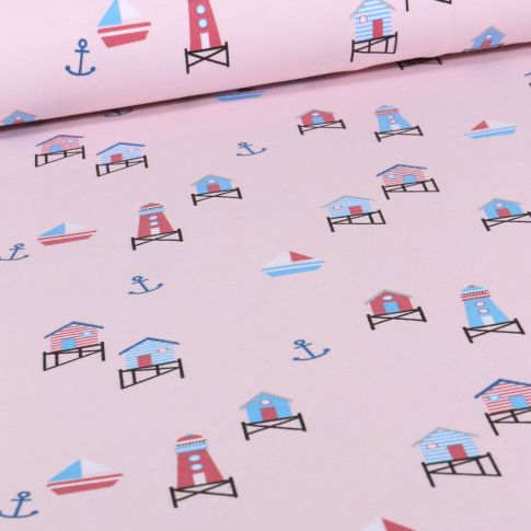 Tissu Jersey Coton Lighthouse sur fond Rose pâle