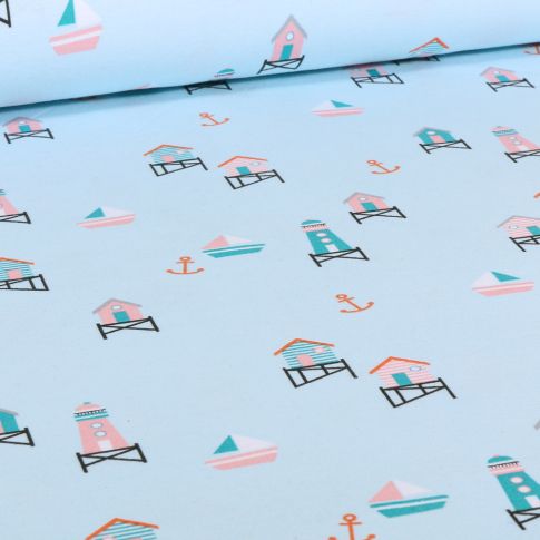 Tissu Jersey Coton Lighthouse sur fond Bleu clair