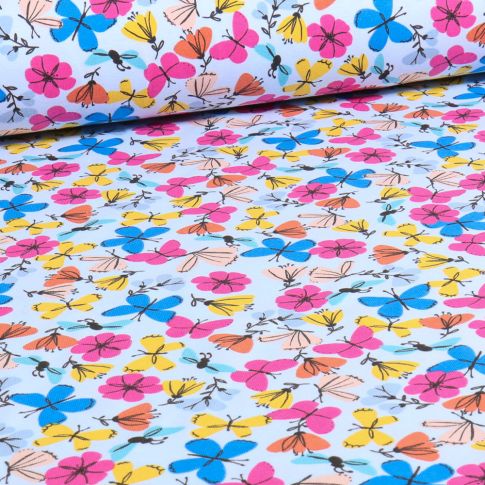 Tissu Jersey Coton Fleurs & papillons sur fond Bleu ciel