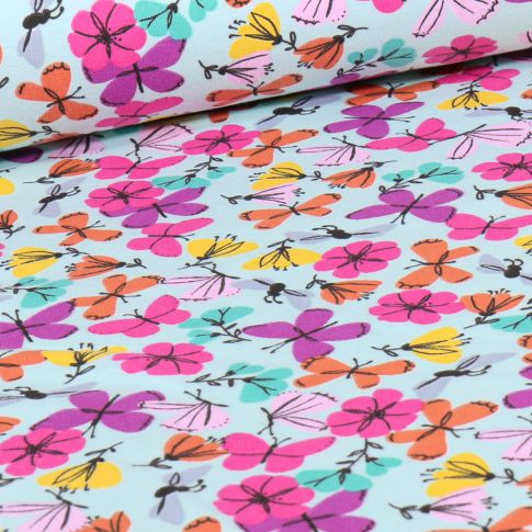 Tissu Jersey Coton Fleurs & papillons sur fond Vert menthe