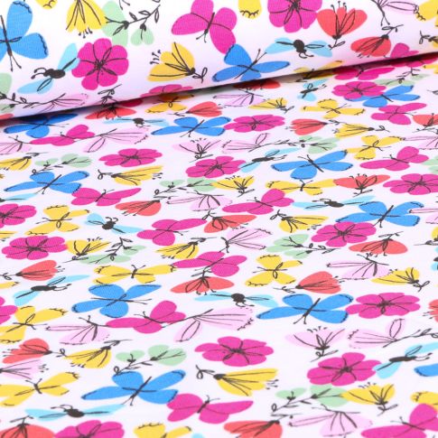 Tissu Jersey Coton Fleurs & papillons sur fond Blanc