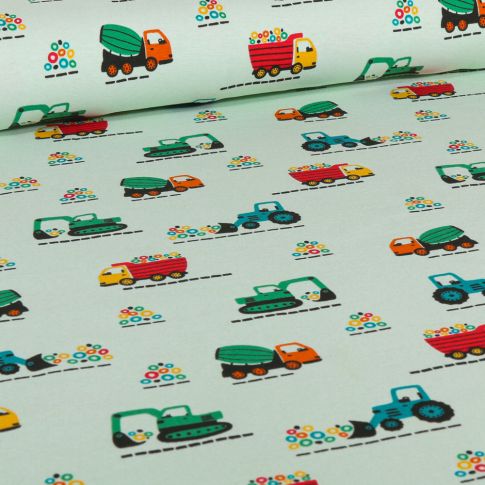 Tissu Jersey Coton Traffic sur fond Vert menthe clair