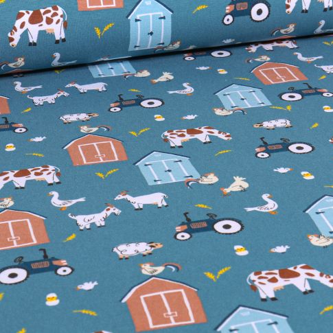Tissu Jersey Coton Farm sur fond Bleu denim