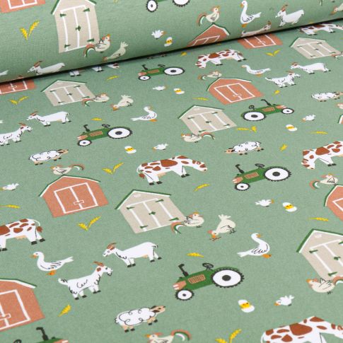 Tissu Jersey Coton Farm sur fond Vert amande