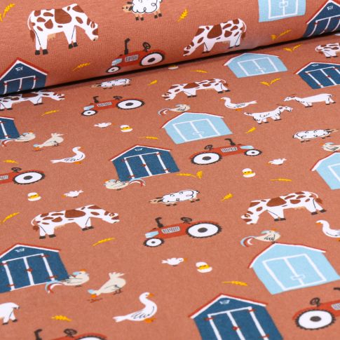 Tissu Jersey Coton Farm sur fond Cuivre
