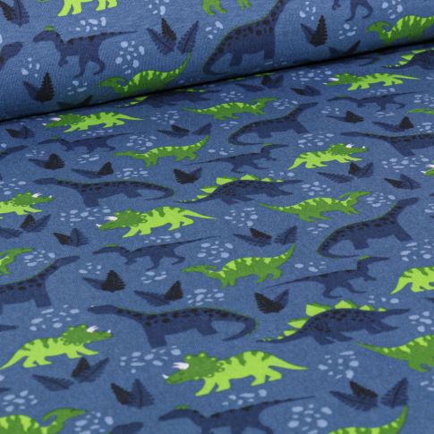 Tissu Jersey Coton Dinodino sur fond Bleu denim