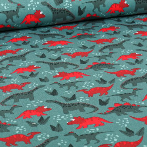 Tissu Jersey Coton Dinodino sur fond Bleu céladon