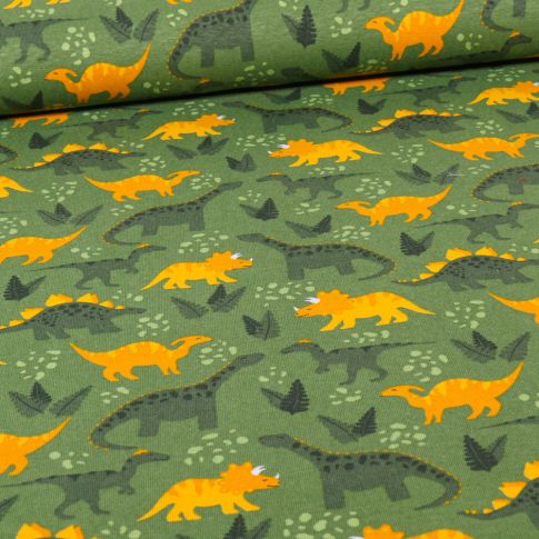 Tissu Jersey Coton Dinosaures verts et jaunes sur fond Vert
