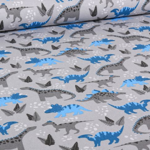 Tissu Jersey Coton Dinodino sur fond Gris clair