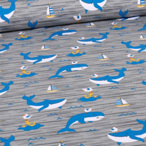 Tissu Jersey Coton Happy Baleines sur fond Gris