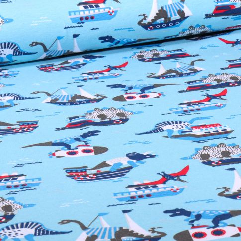 Tissu Jersey Coton Dino marins sur fond Bleu clair