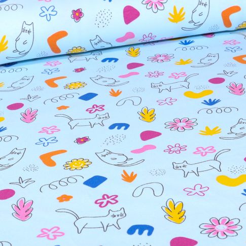 Tissu Jersey Coton Cats and flowers sur fond Bleu ciel