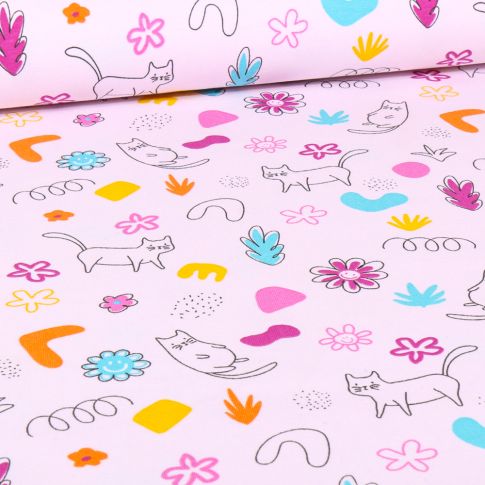 Tissu Jersey Coton Cats and flowers sur fond Rose pâle