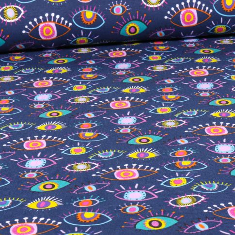 Tissu Jersey Coton Eyes color sur fond Bleu foncé