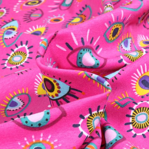 Tissu Coton imprimé Eyes color sur fond Rose fuchsia