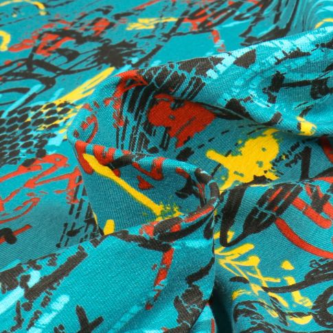 Tissu Jersey Coton Graff peinture sur fond Bleu turquoise