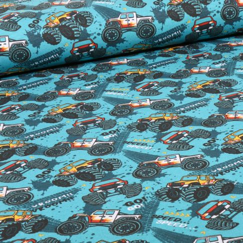 Tissu Jersey Coton envers gratté Monster truck sur fond Bleu turquoise