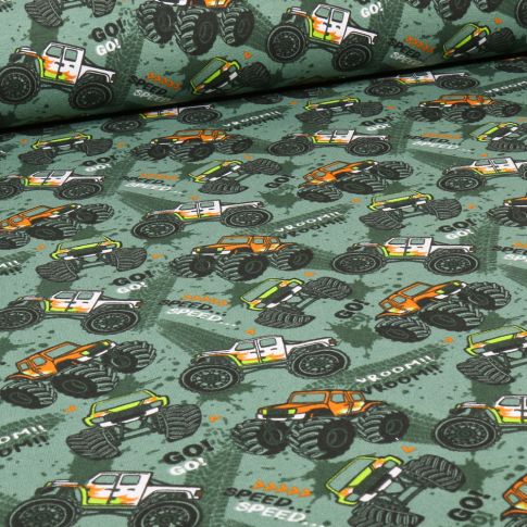 Tissu Jersey Coton envers gratté Monster truck sur fond Vert kaki