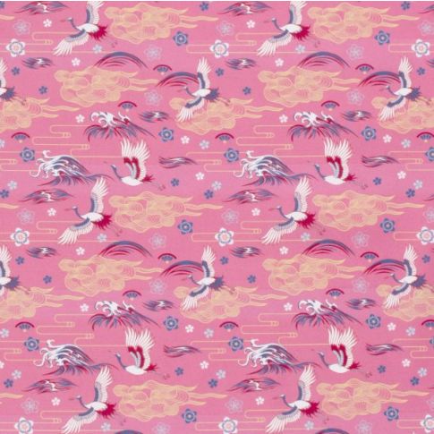 Tissu Coton imprimé Cigogne sur fond Rose