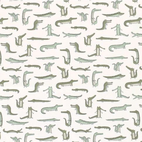 Tissu Coton imprimé Croco vert sur fond Blanc cassé
