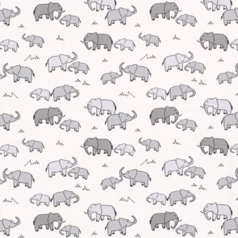 Tissu Coton imprimé Éléphant gris sur fond Blanc cassé