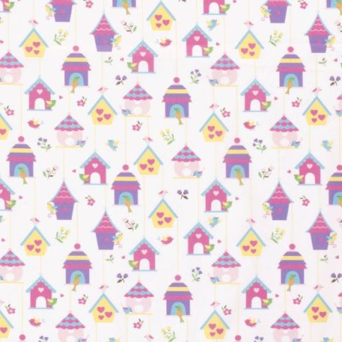 Tissu Coton imprimé Nichoirs oiseaux sur fond Blanc