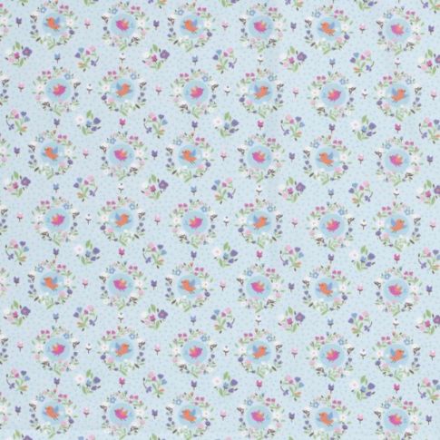 Tissu Coton imprimé Oiseaux Olga sur fond Bleu ciel
