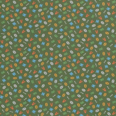 Tissu Coton imprimé Lettres colorées Léo sur fond Vert kaki
