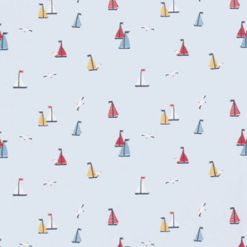 Tissu Coton imprimé Bateau rouge et jaune sur fond Bleu ciel