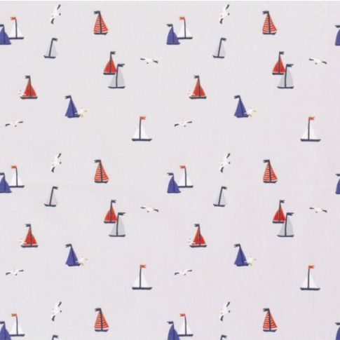 Tissu Coton imprimé Bateau bleu et jaune sur fond Gris clair