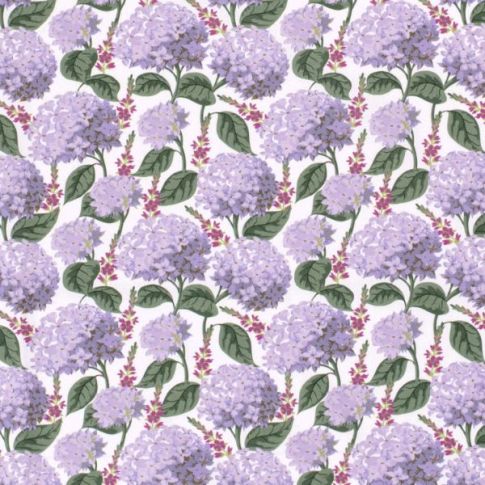 Tissu Coton imprimé Hortensia parme sur fond Blanc