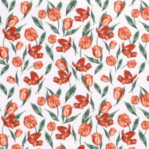 Tissu Coton imprimé Fleur rouge et vert sur fond Blanc