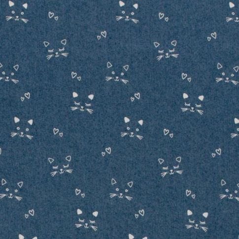 Tissu Jean Denim extensible Chats blancs sur fond Bleu jean