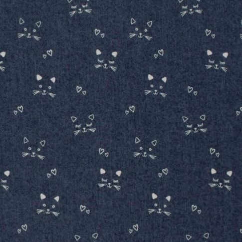 Tissu Jean Denim extensible Chats blancs sur fond Bleu marine