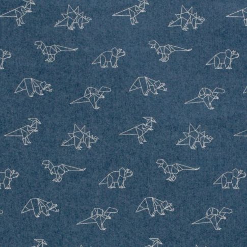 Tissu Jean Denim extensible Dino blancs sur fond Bleu jean
