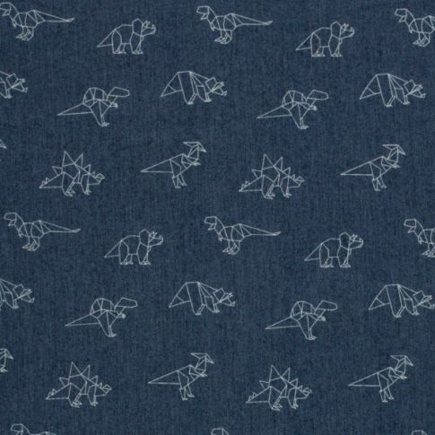 Tissu Jean Denim extensible Dino blancs sur fond Bleu marine
