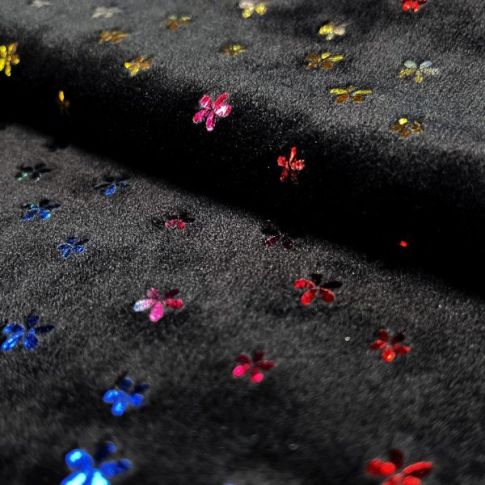 Tissu Velours stretch Fleurs brillantes sur fond Noir
