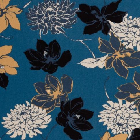 Tissu Viscose Twill Oskar fleuris sur fond Bleu pétrole